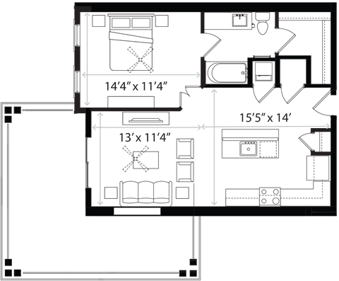 Floor plan for 1 bed, 1 bath, 1000 sqft